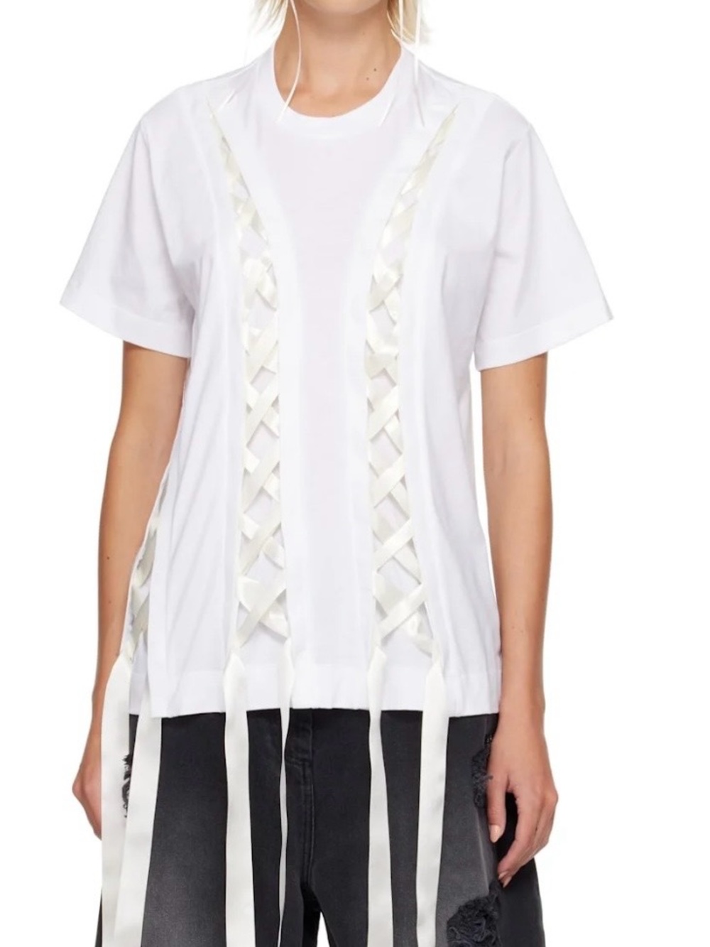 Simone Rocha White Ribbon-Trim Short Sleeve Top - Picture 2 of 4